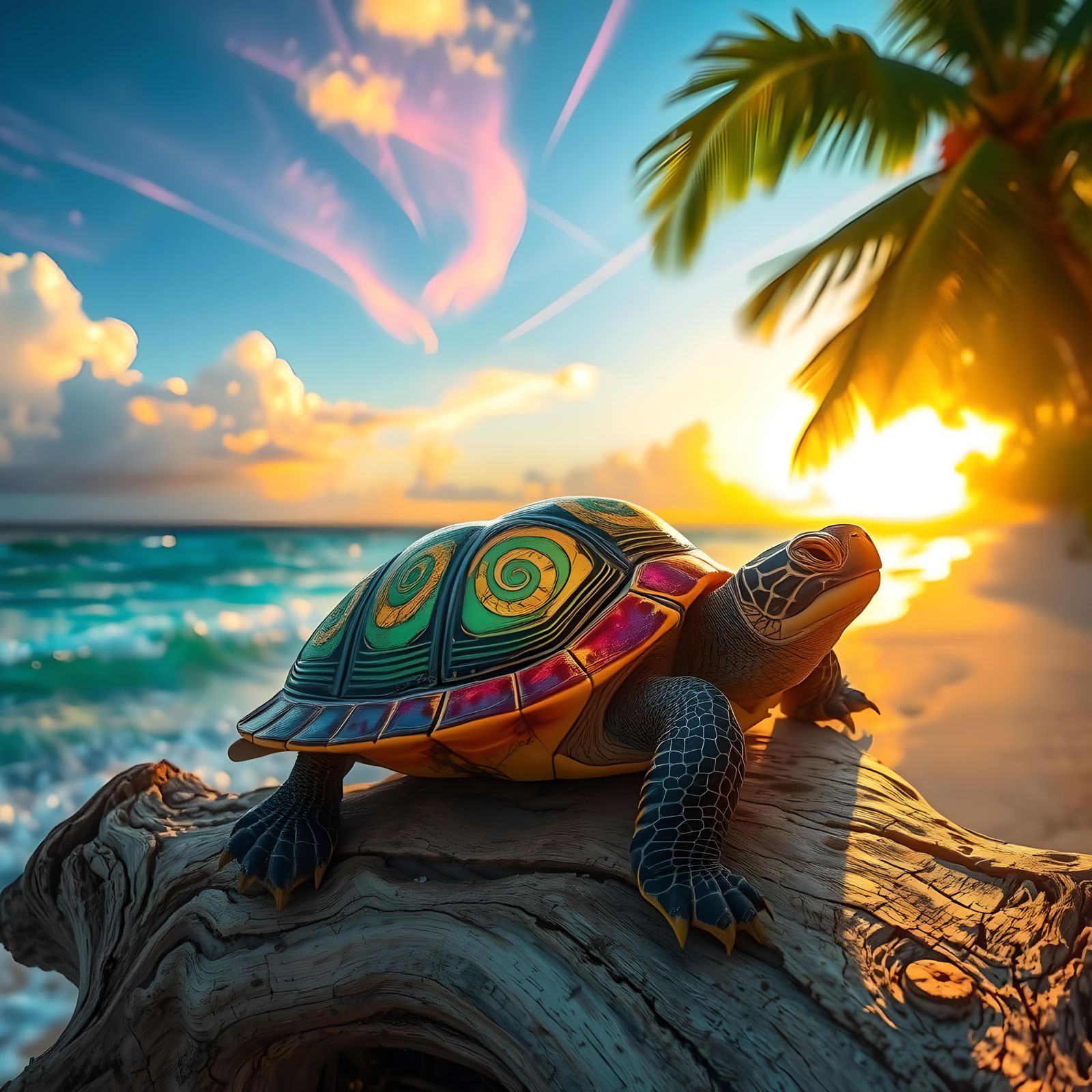 Happy Glittering Turtle Watching Beach Sunset