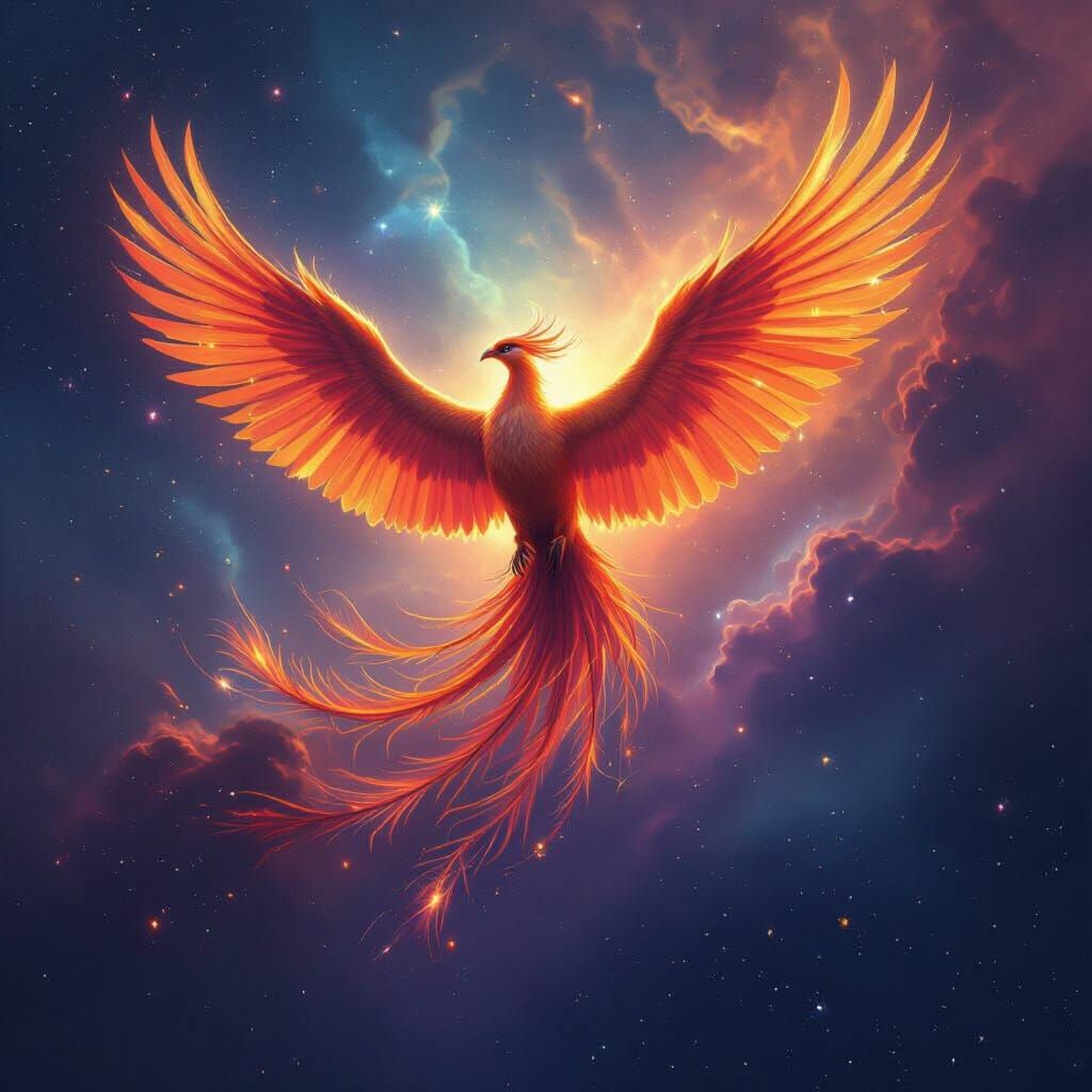 Phoenix Rising from Cosmic Nebula in Hyperrealistic Style