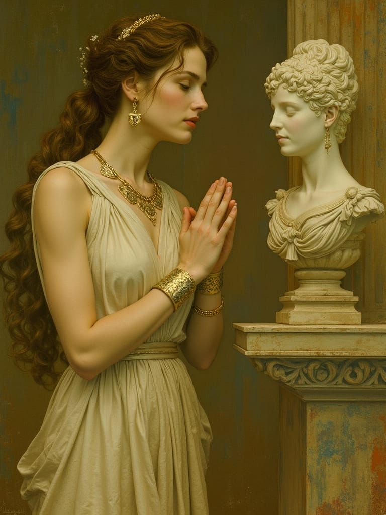 Priestess Praying at Altar in Art Nouveau Style