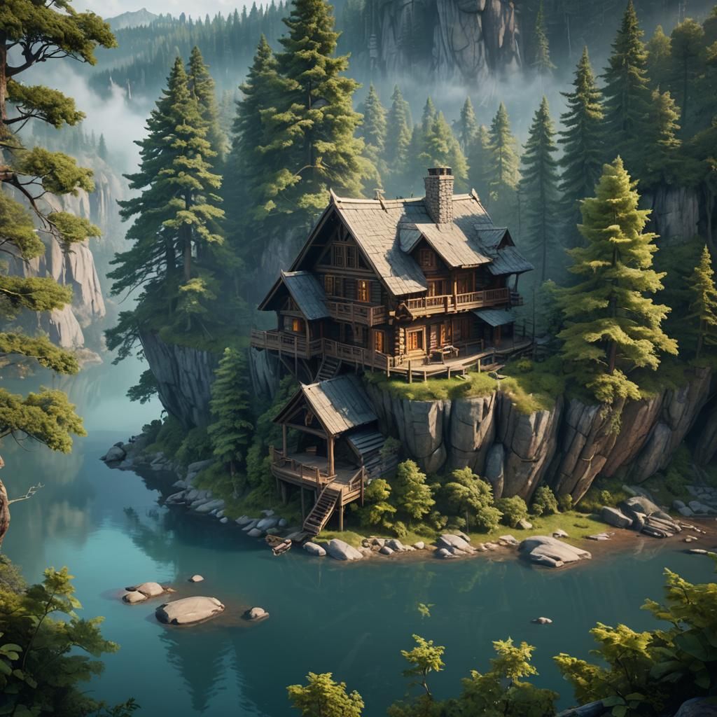 Log Cabin on Cliff in Misty Forest