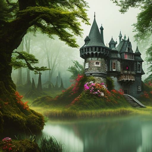 Haunted Castle in Fantasy Forest, Photorealistic Matte Paint...