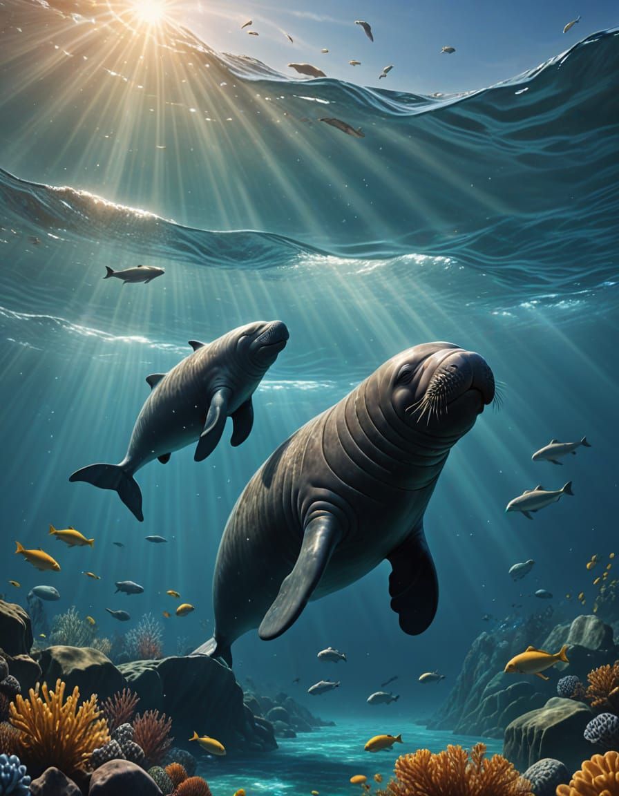 Steller's Sea Cow and River Dolphin Digital Art