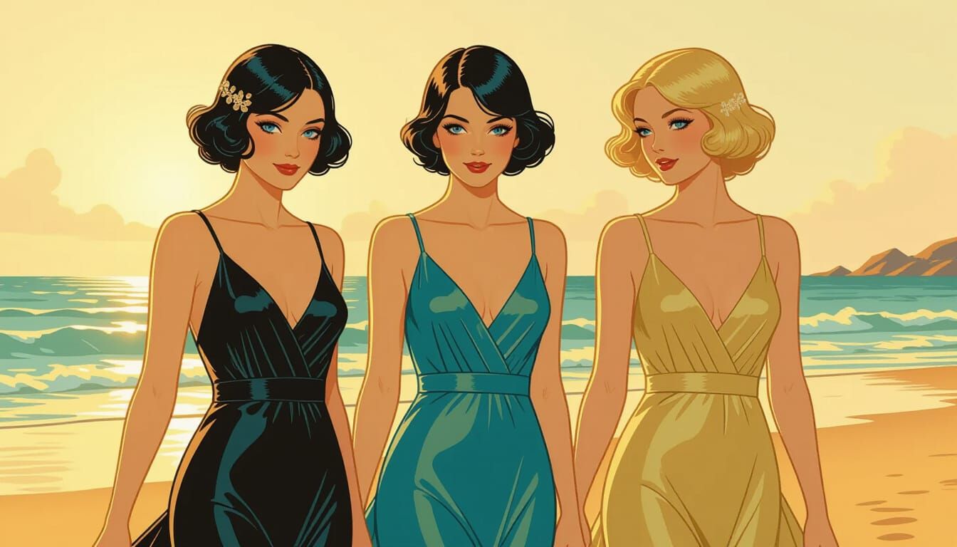 1910s Beach Scene with Three Ladies in Comic Book Style