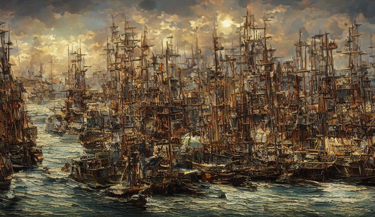 Bustling Harbor Life in Art Nouveau Digital Matte Painting S...