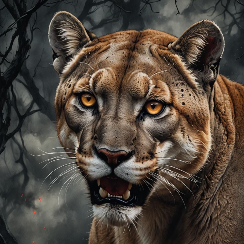 Gothic Mountain Lion Portrait under Blood Moon