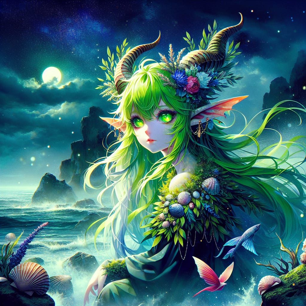 Anime Mermaid Satyr in Fog, Matte Painting