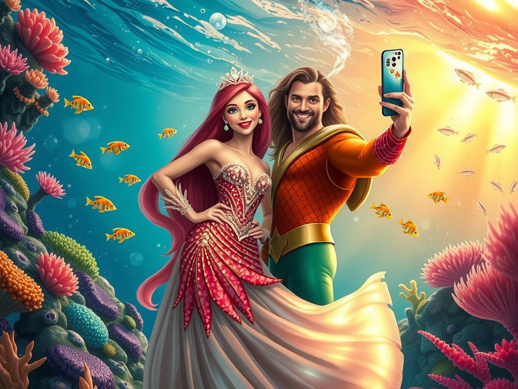 Ariel and Aquaman Take a Selfie Underwater