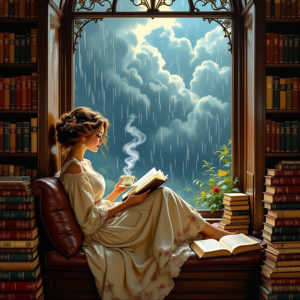 Cozy Woman Reads by Window During Storm