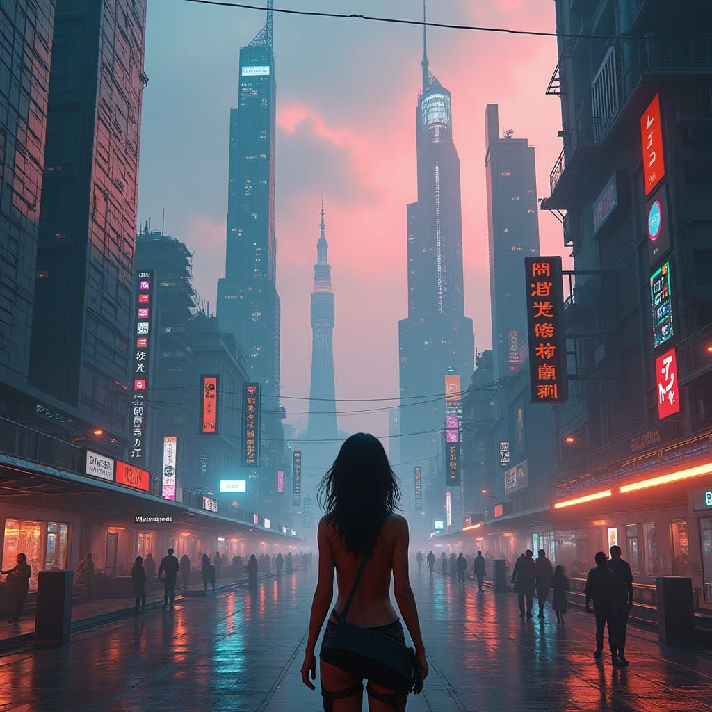 Cyberpunk Cityscape with Futuristic Woman in High-Tech Haven