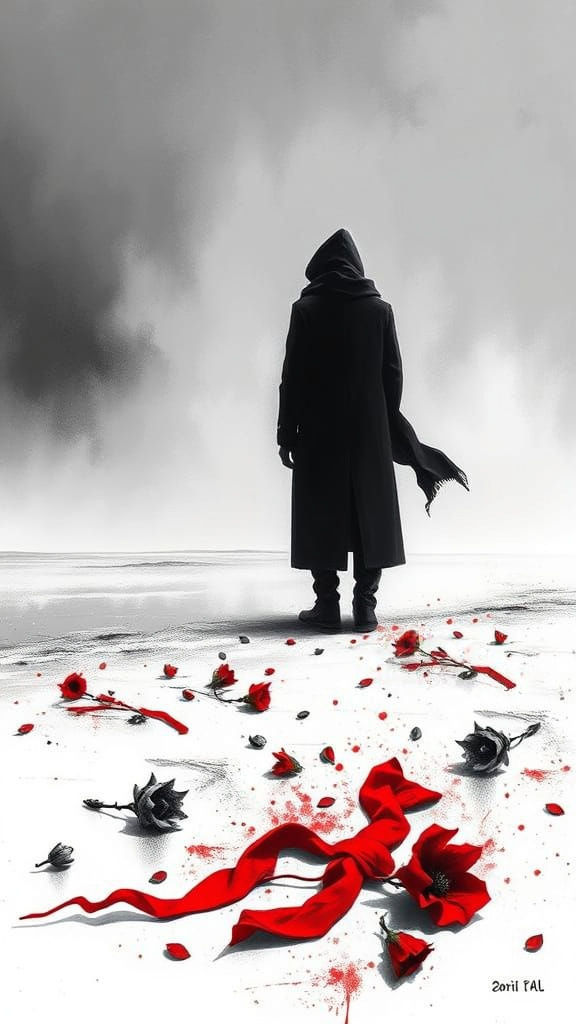 Figure in Melancholic Monochrome with Vibrant Red Accents