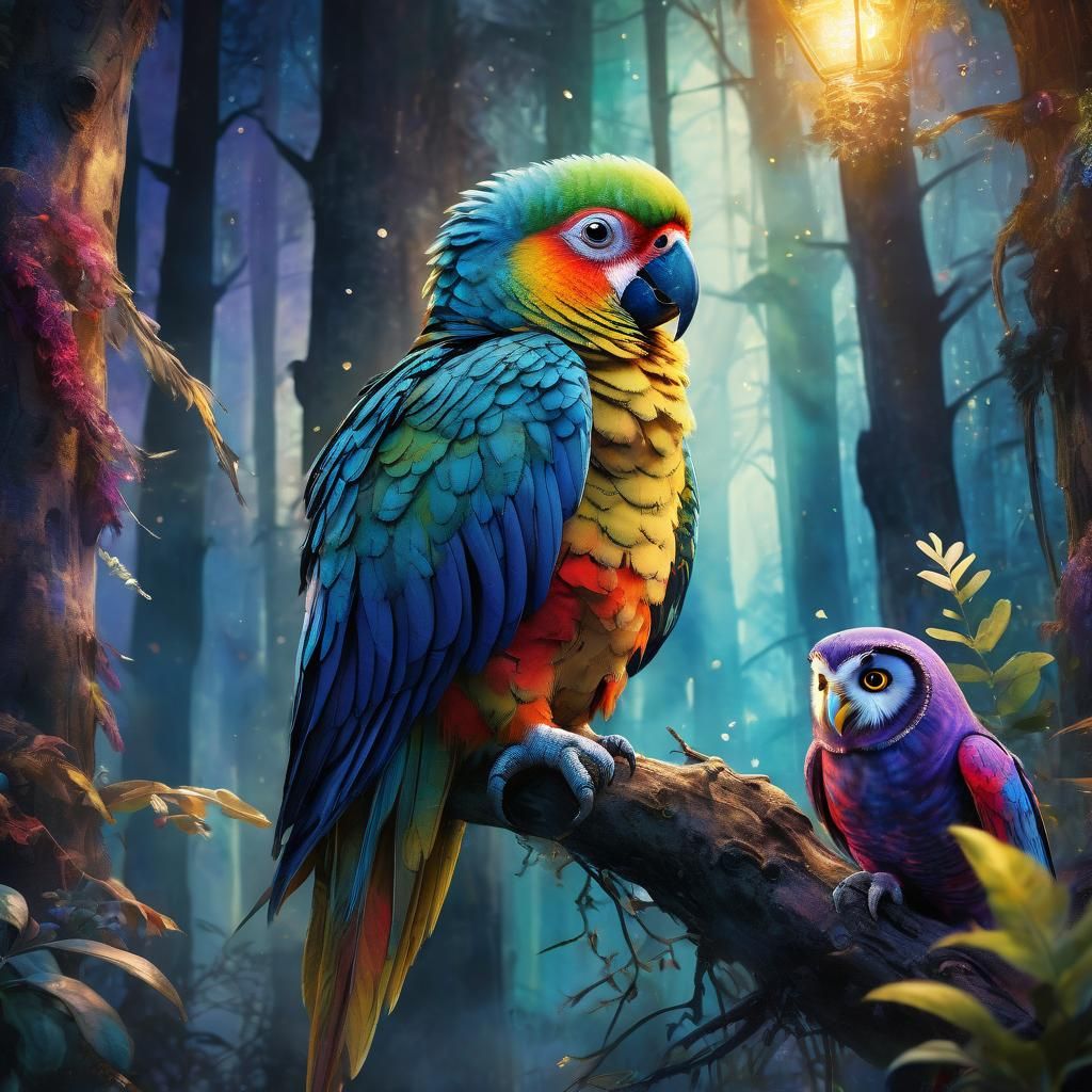 Colorful Parrot and Owl in Watercolor Forest
