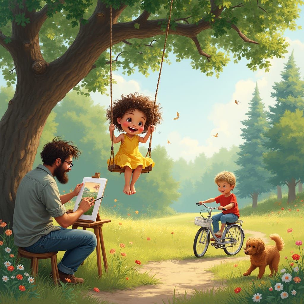 Whimsical Scene of Childhood Wonder in a Dreamy Landscape