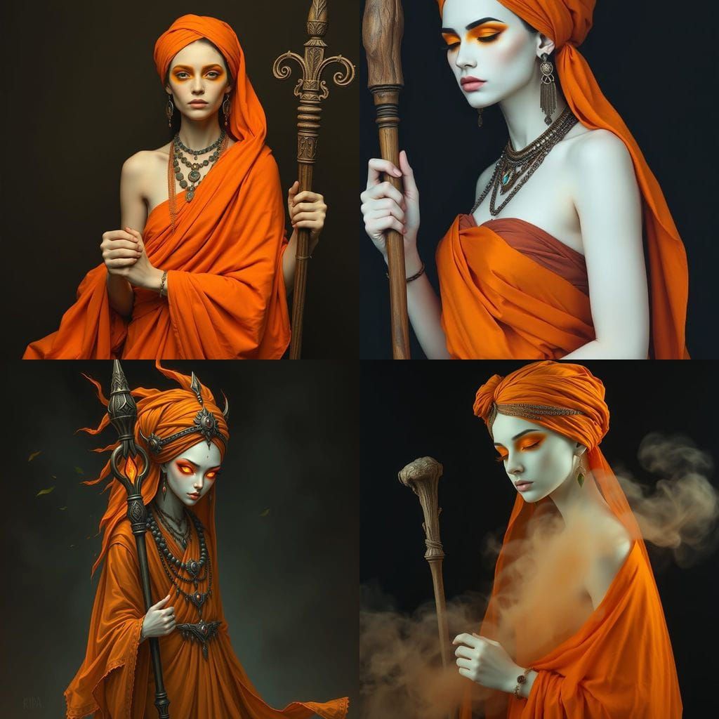 Mystical Figure in Flowing Orange Fabric