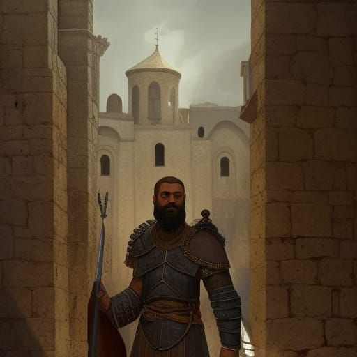 Byzantine Akrites stands guard to protect a border town