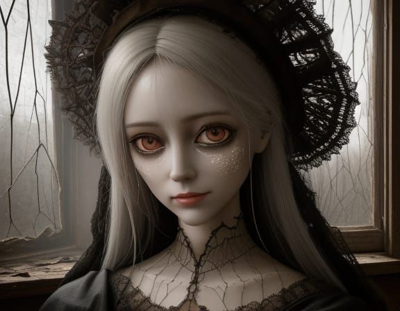 Eerie Doll Portrait in Dusty Attic, Bosch Style