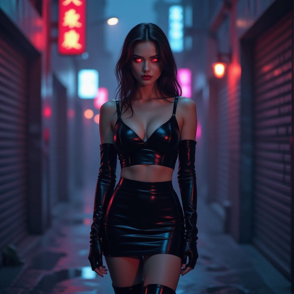 Cyberpunk Woman in Neon Alleyway