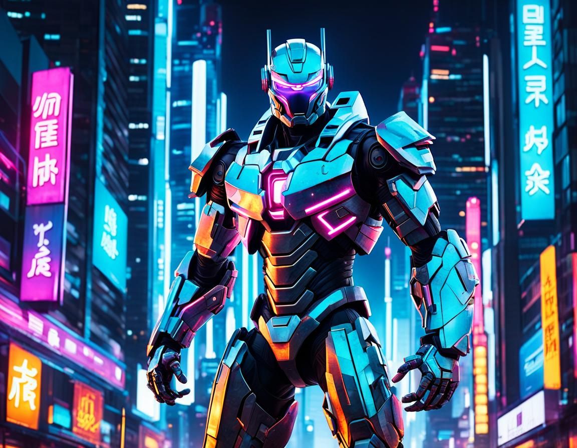 Mecha Warrior in Neon Cityscape, Anime Style