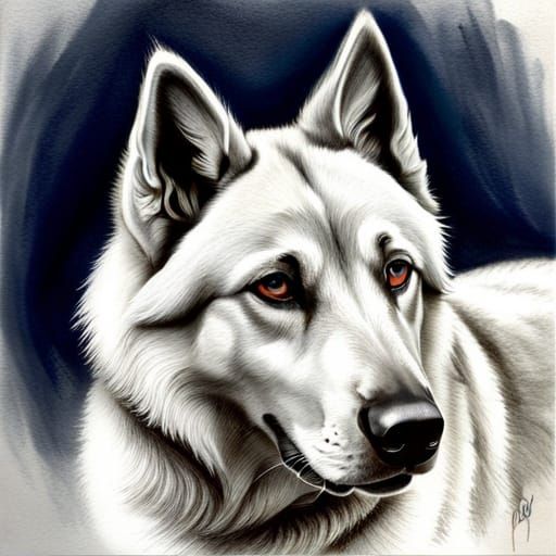 Hyperdetailed Charcoal Drawing of a White Shepherd