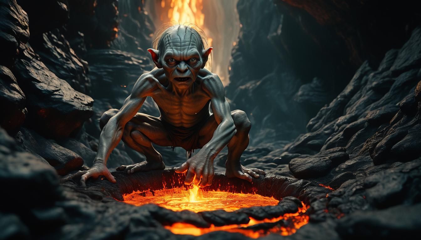 Gollum's Dramatic Fall into Lava Pit: Cinematic Still
