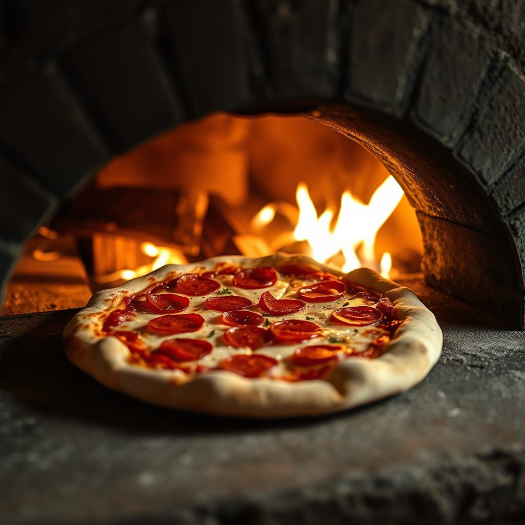 Golden Pepperoni Pizza Baking in Old Stone Oven