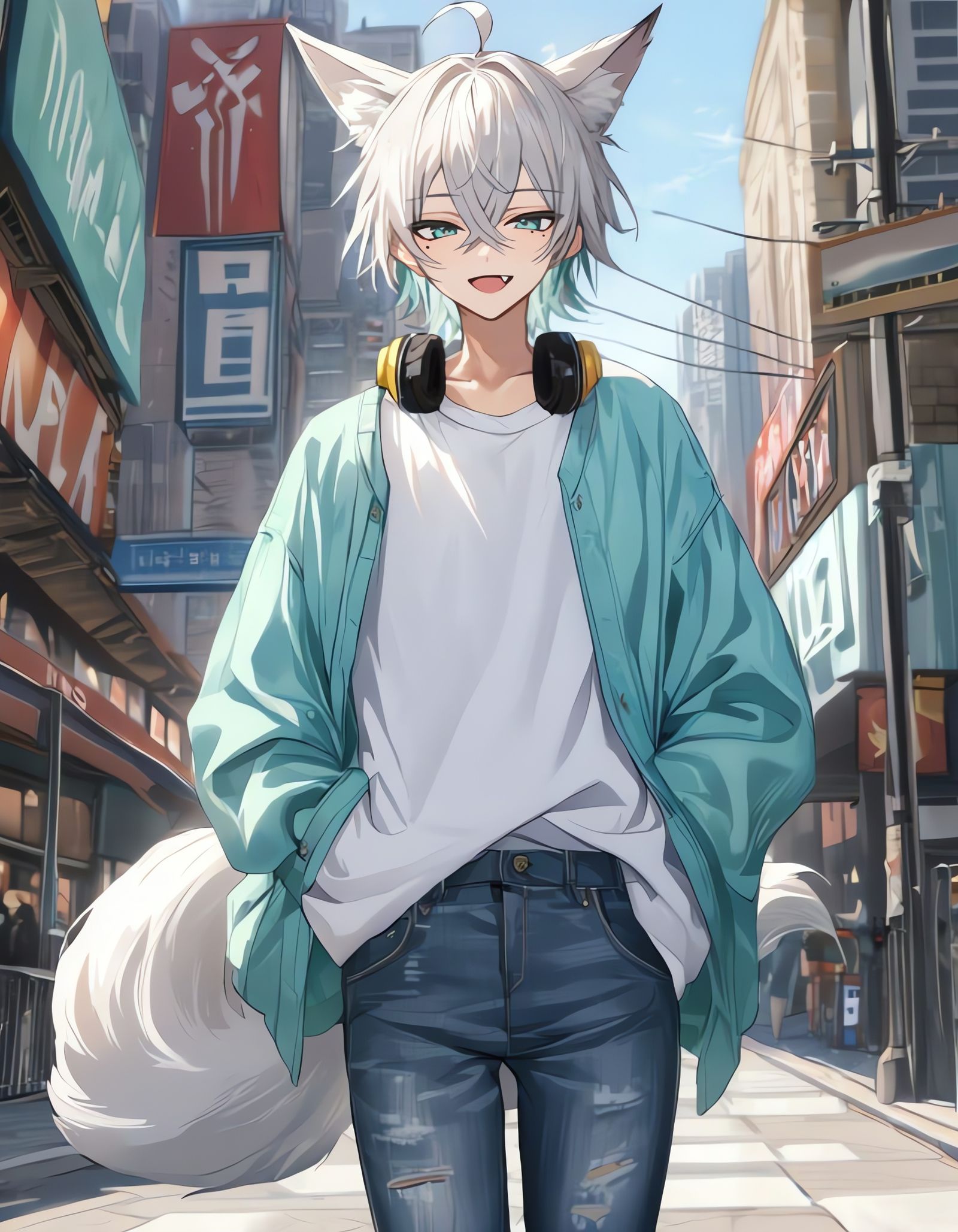 Bishounen Musician with Fox Ears in City Plaza