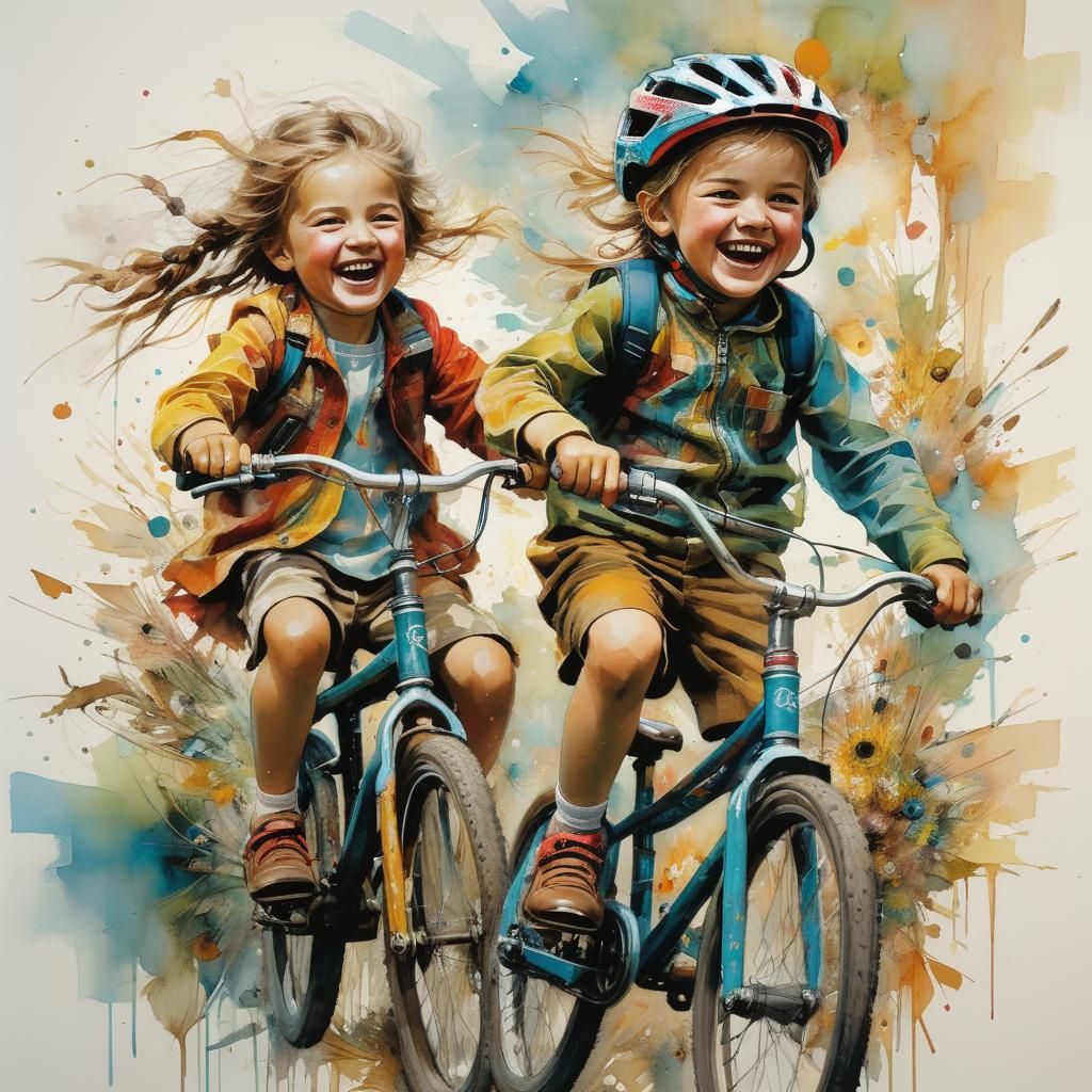 Vibrant Siblings Ride Bikes in Whimsical, Intricately Detail...