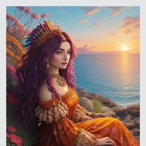 Peacock Haired Woman in Vibrant Oil Painting