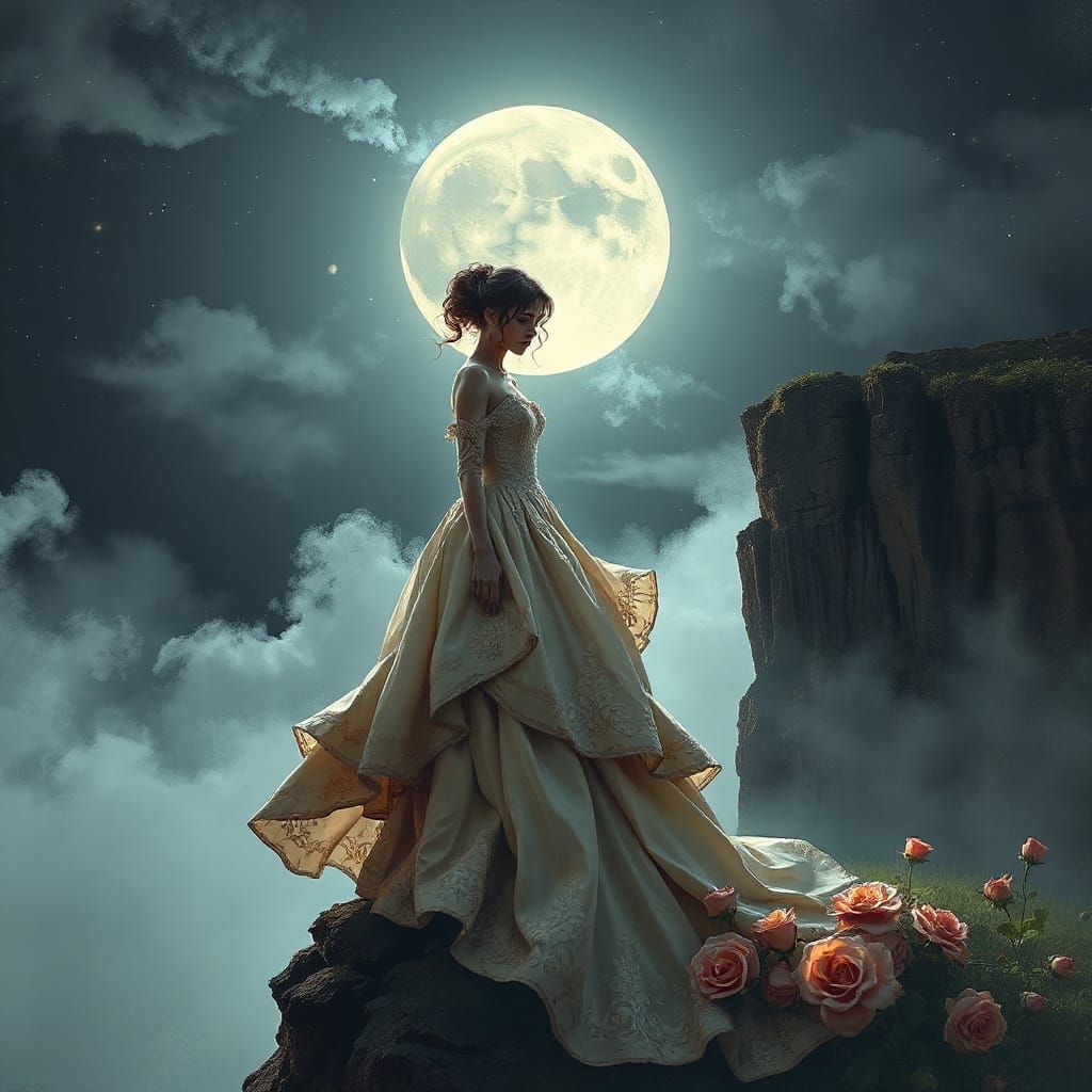 Victorian Woman on Misty Cliff in Figurative Style