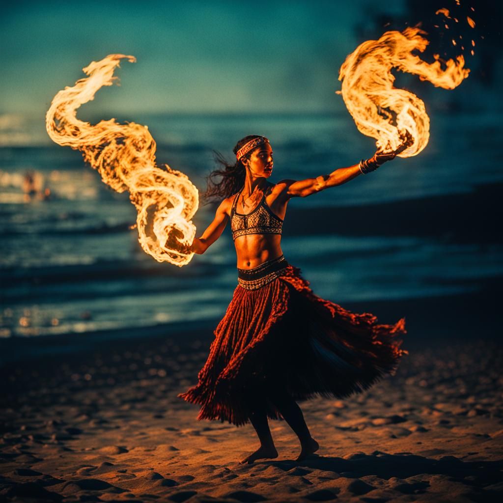Dramatic Beach Fire Dancer in Cinematic Style