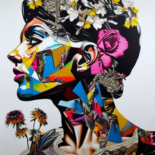 Woman with Birds and Flowers Collage Art