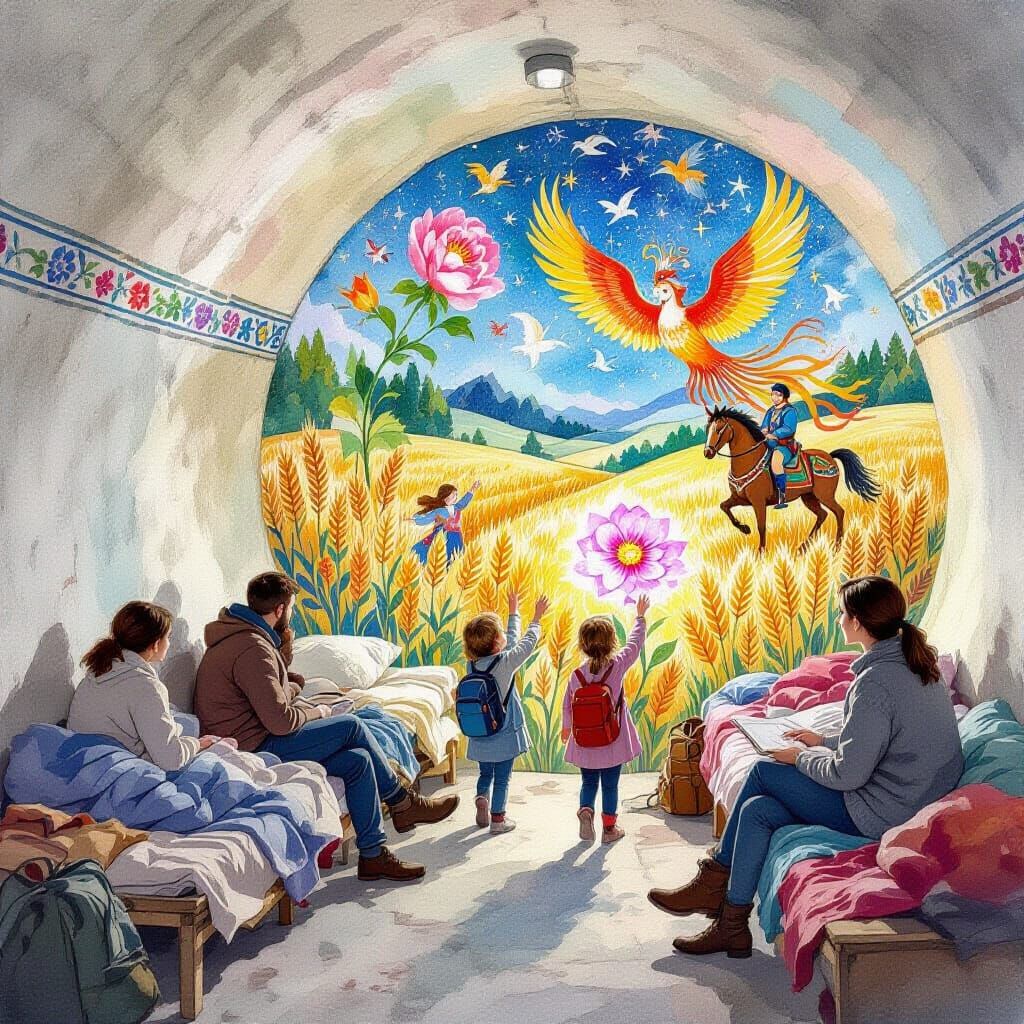 Ukrainian Shelter Mural in Bilibin Style Watercolor