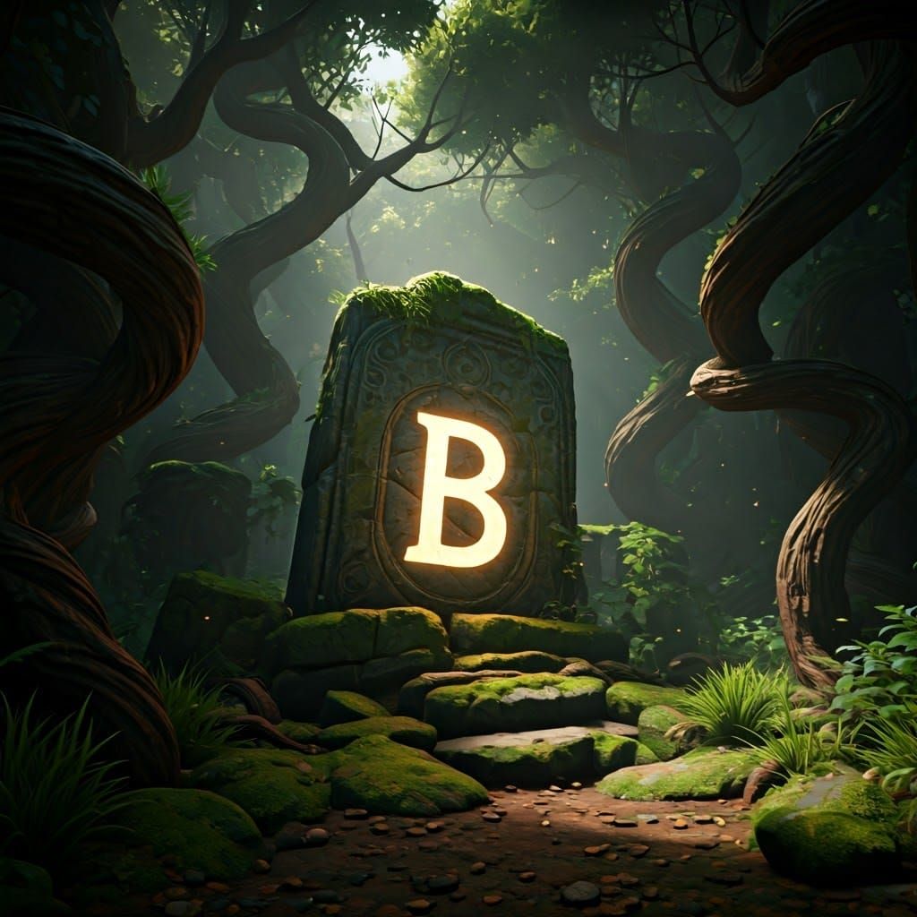 Mystical Stone Letter B in Enchanted Forest
