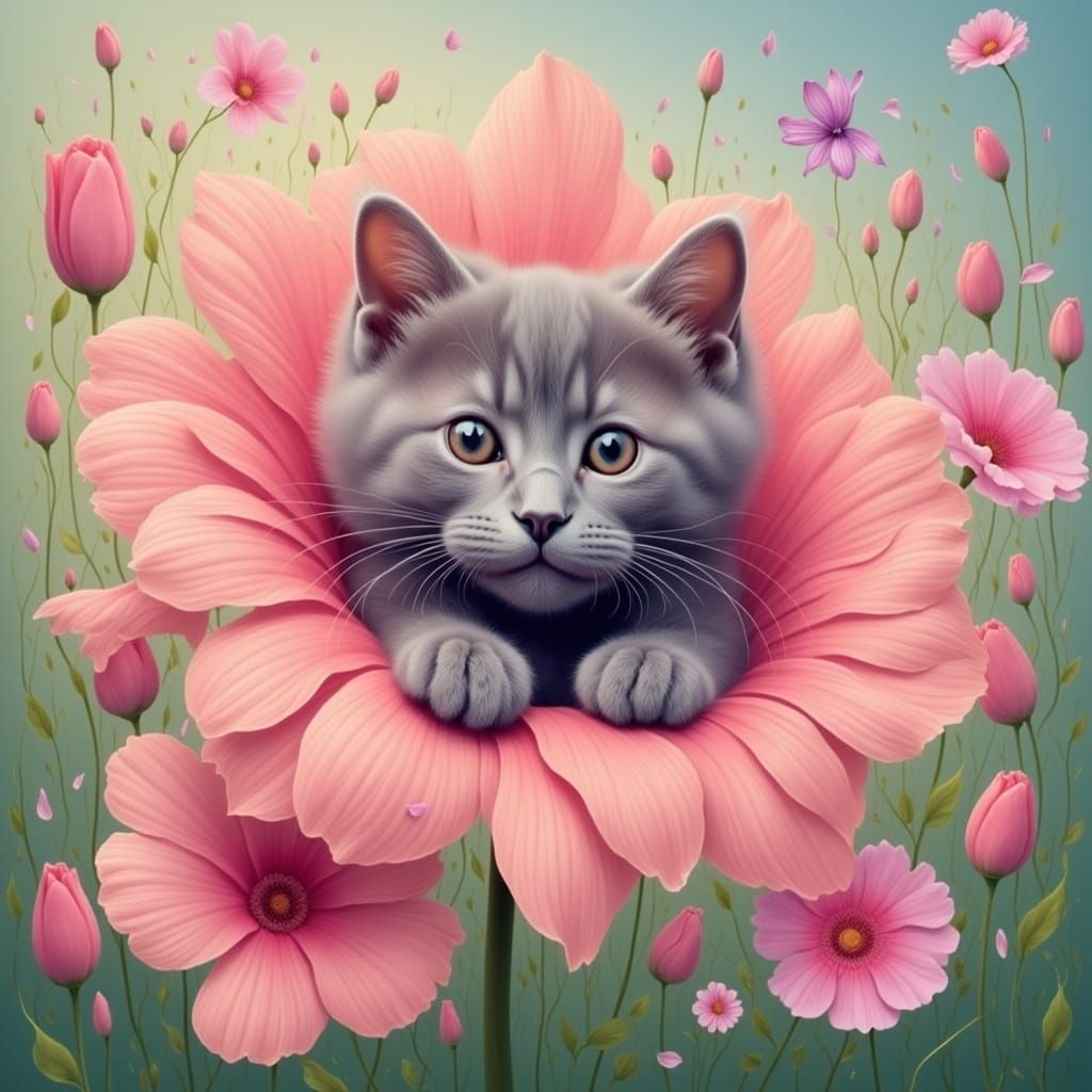 Feline Floral Portrait in Whimsical Style