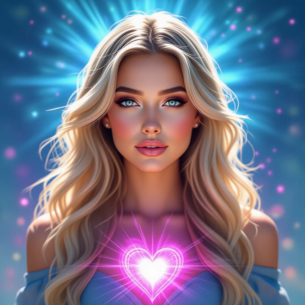 Blonde Woman Radiating Pink Aura, Hyperrealistic Portrait