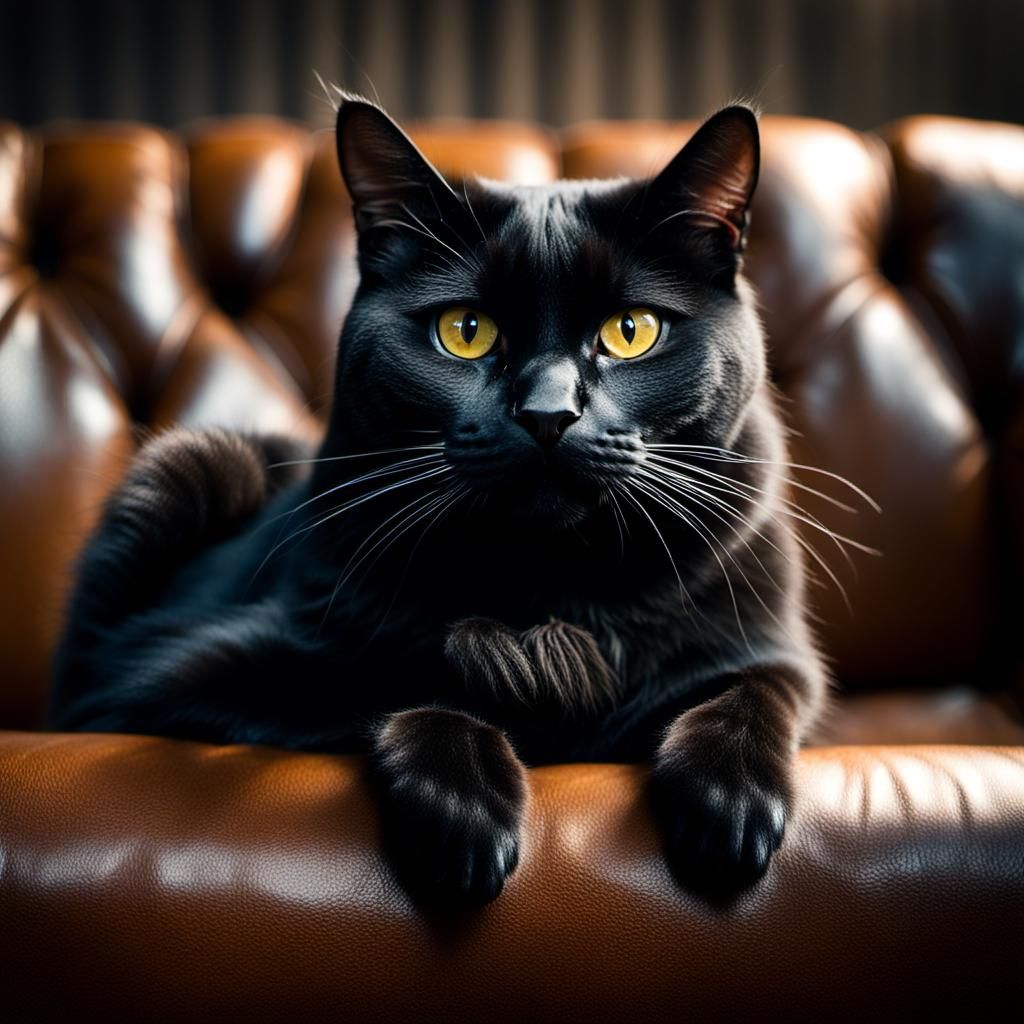 Anthropomorphic Black Cat on Leather Couch Portrait