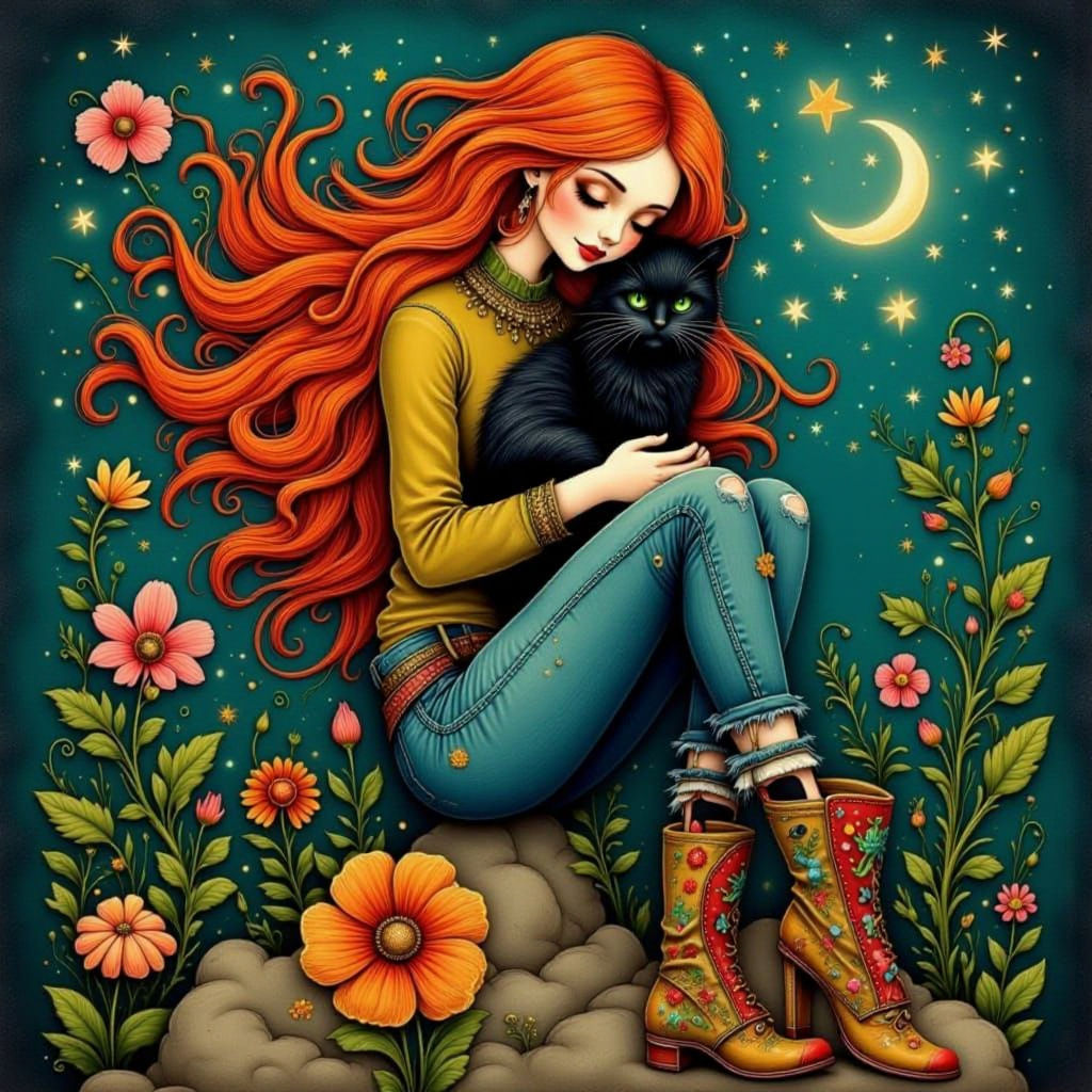 Bohemian Witch with Fiery Hair and Black Cat in Fine Art Sty...