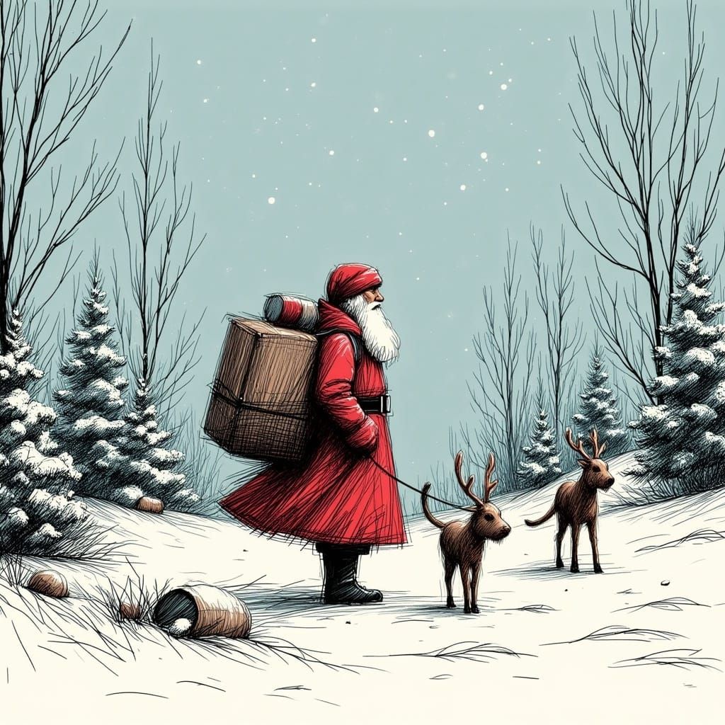 Santa Claus in Snowy Landscape with Scribbles