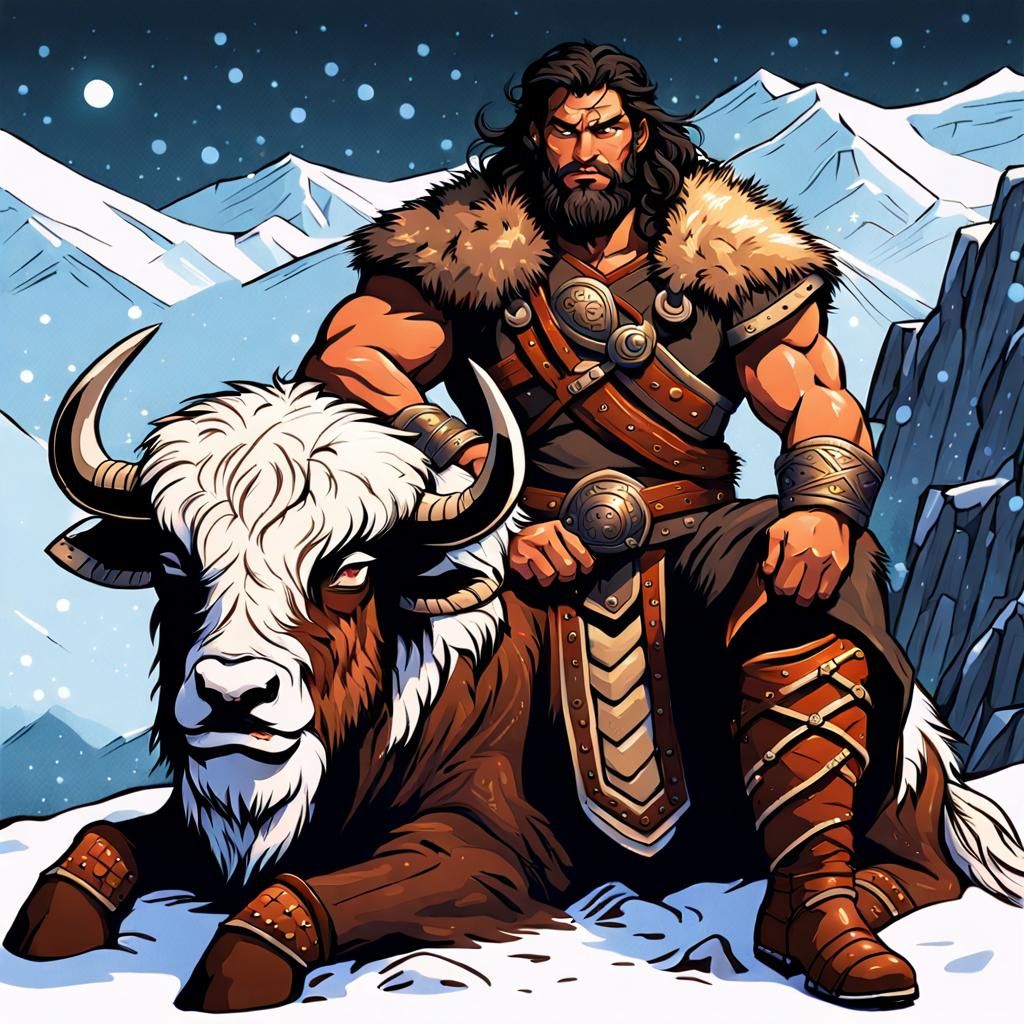 Barbarian Warrior and Yak in Detailed Color Sketch