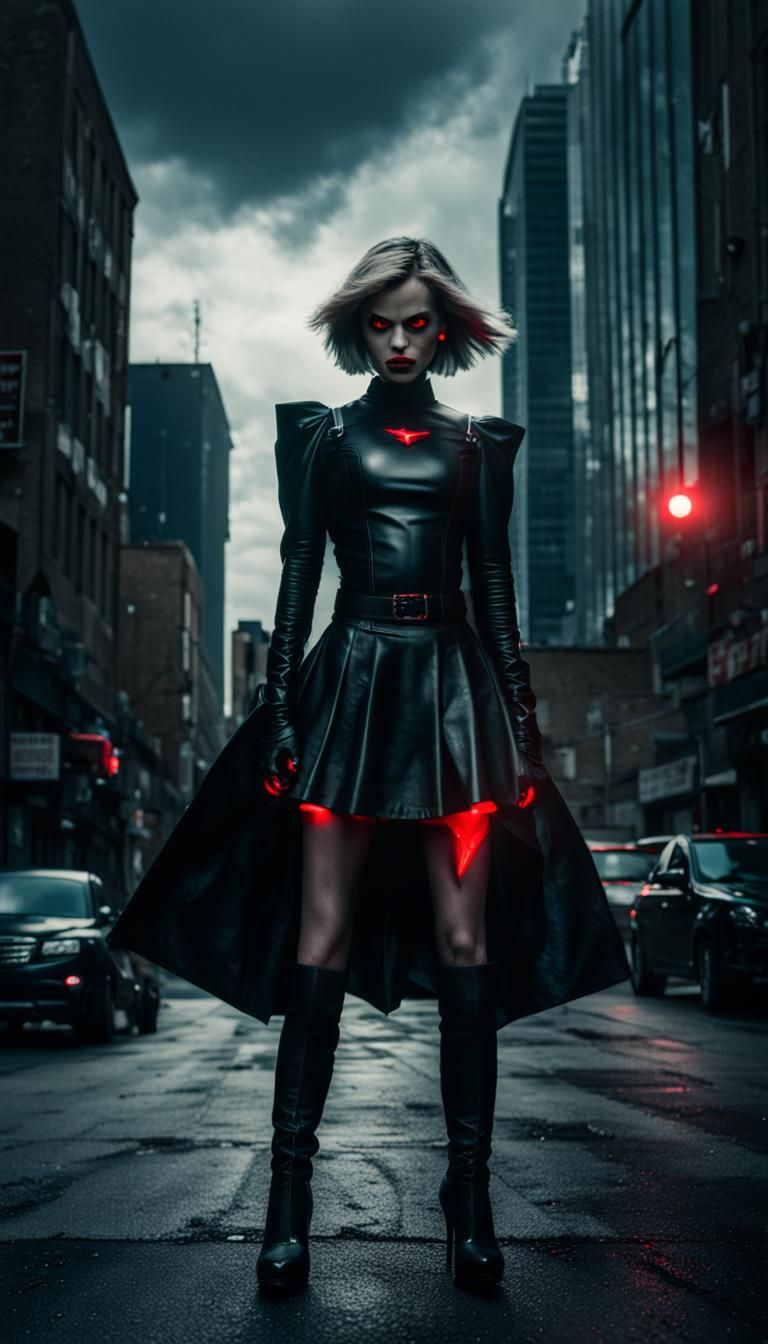 Cinematic Powergirl in Moody Cityscape