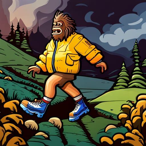 Cartoon Sasquatch Hiking in Yellow Puffer Jacket