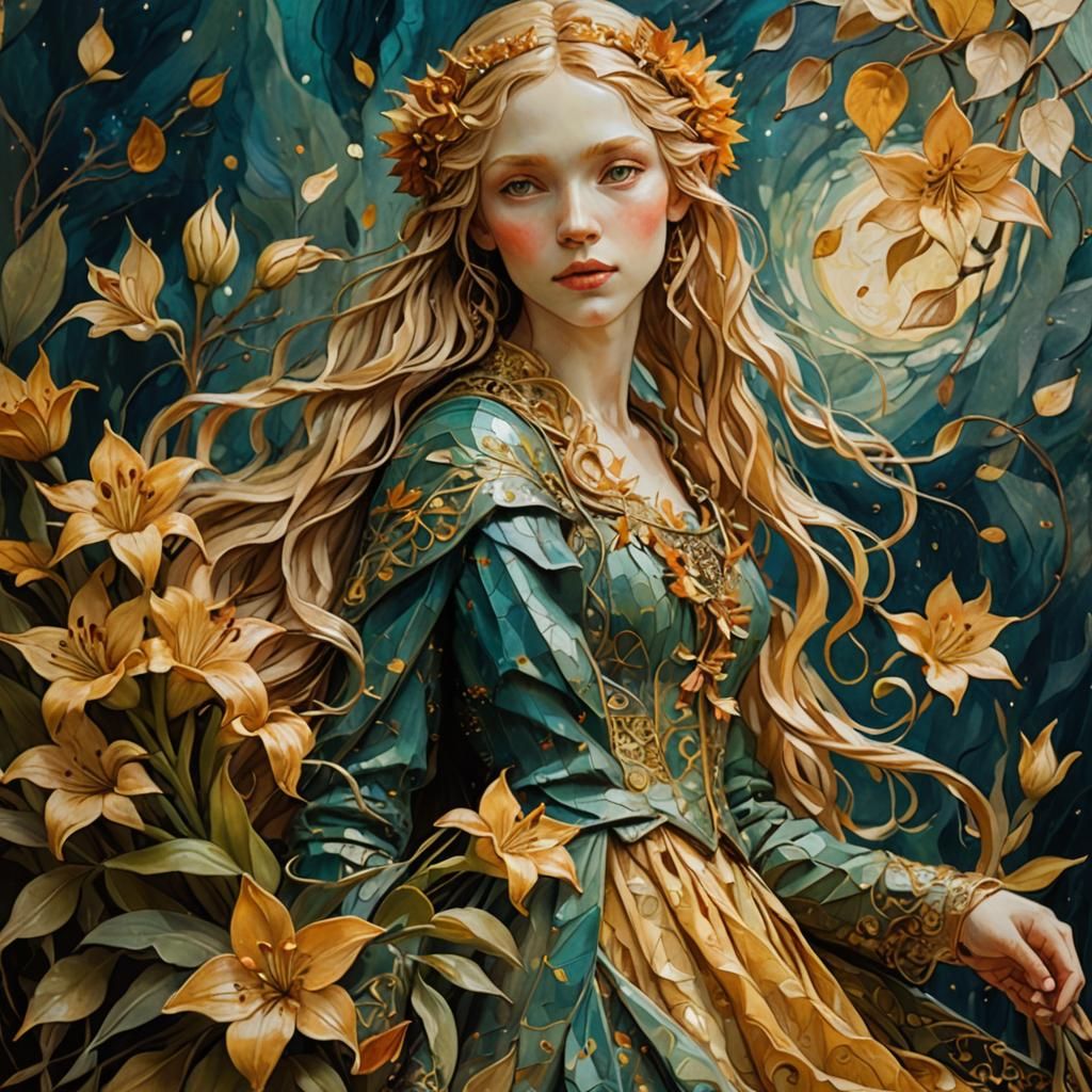 Enchanting Elf Maiden with Lilies in Van Gogh Style