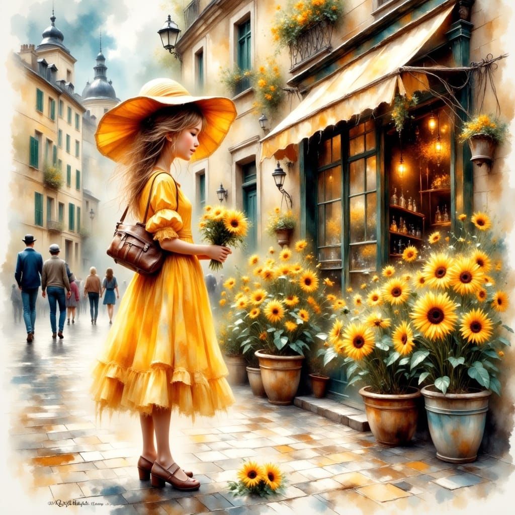 Girl with Sunflowers in Paris: Impressionistic Watercolor
