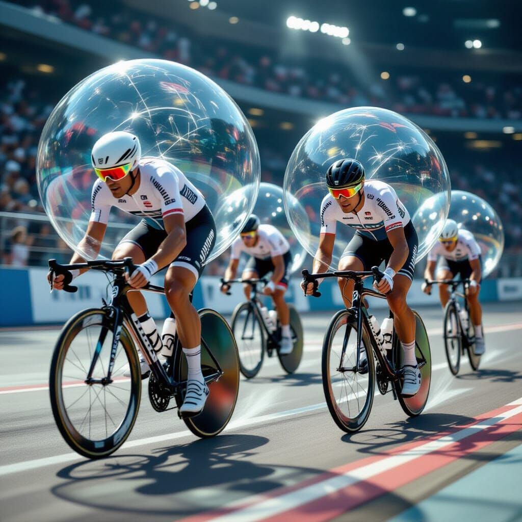Cyclists Racing in Aerodynamic Bubbles, Hyperrealistic Style