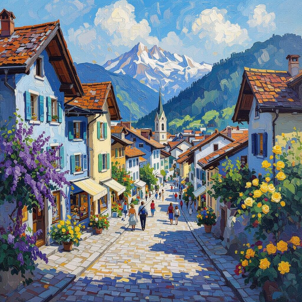 Van Gogh Style Swiss Alps Town Painting