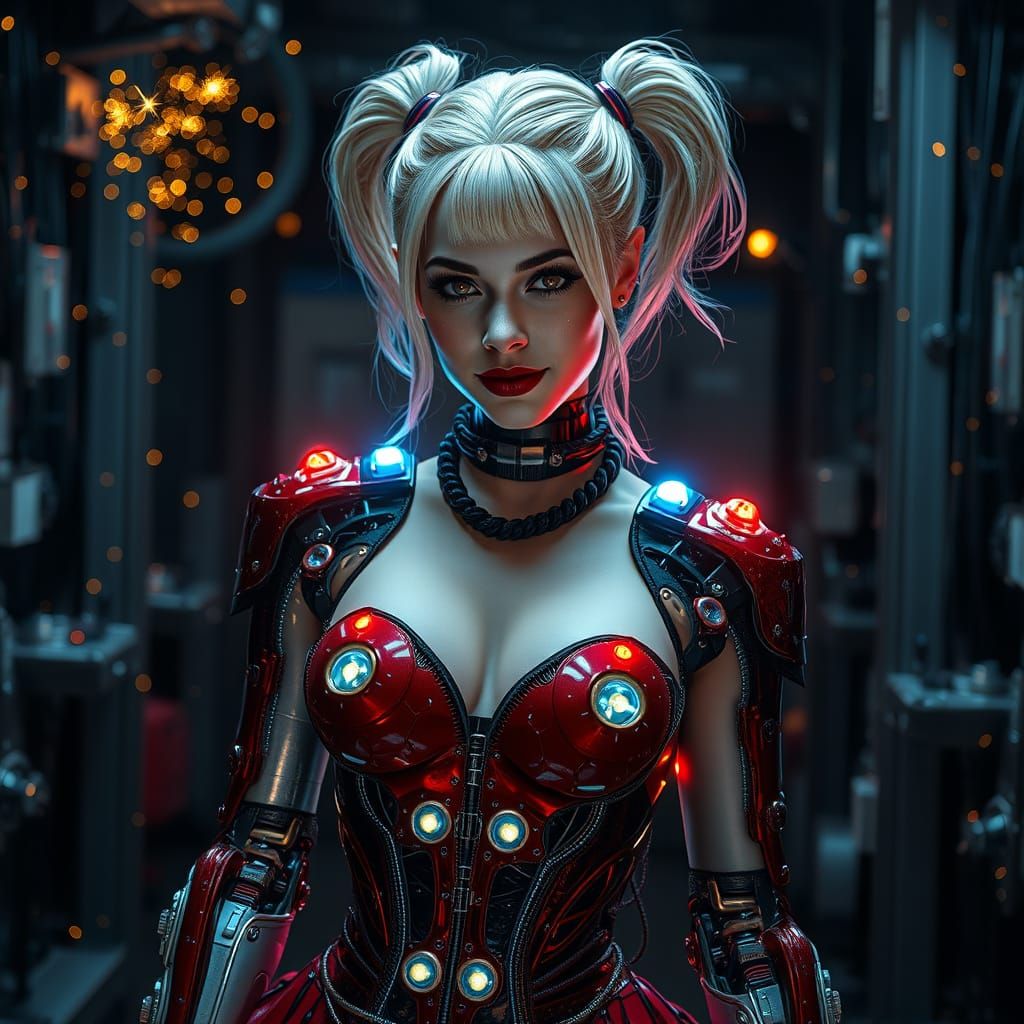 Hyperrealistic Robo Queen Quinn in Dystopian Laboratory