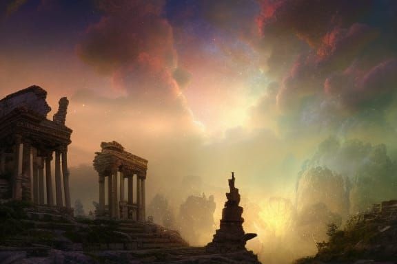 Cosmic Sky Over Ancient Ruins: Hyperrealistic Watercolour