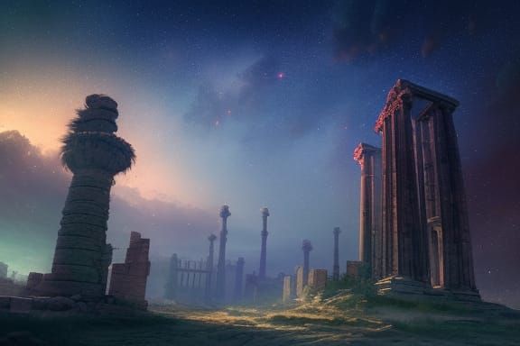 Cosmic Sky Over Ancient Ruins, Watercolour Illustration