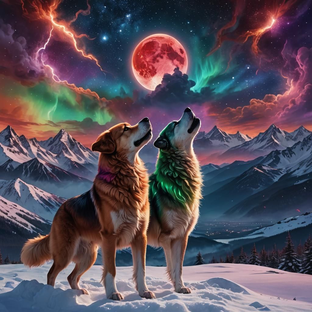 Dog Howling at Blood Moon with Galaxy Inside