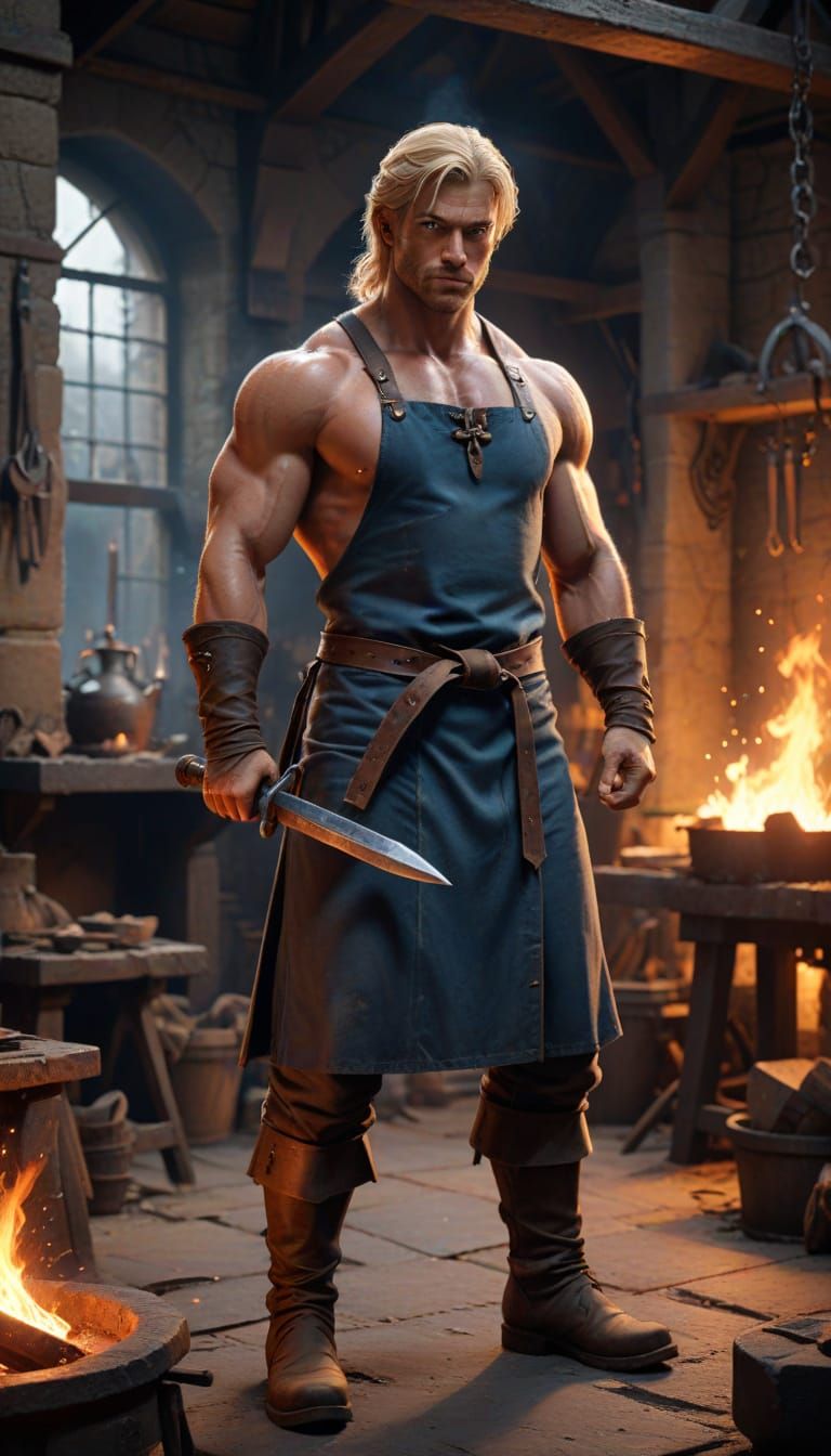 Muscular Blacksmith Forging Glowing Sword in Medieval Forge