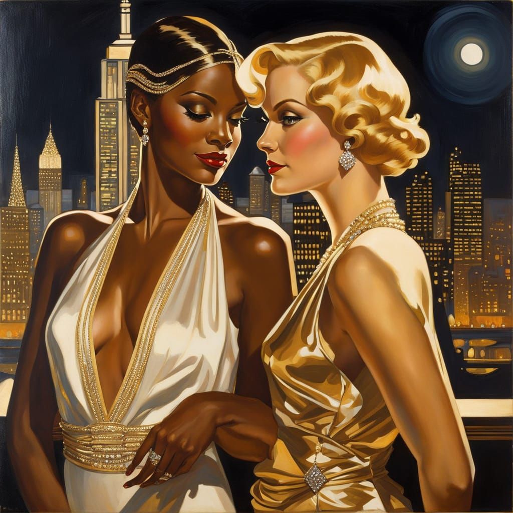 Elegant Women Embrace in Moonlight: Art Brut Portrait